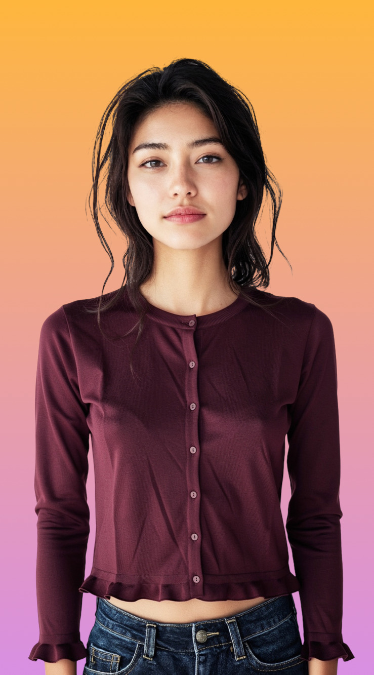 ON.34TH Burgundy Crew Neck Long Sleeve Cardigan with Ruffle Hem and Cuffs